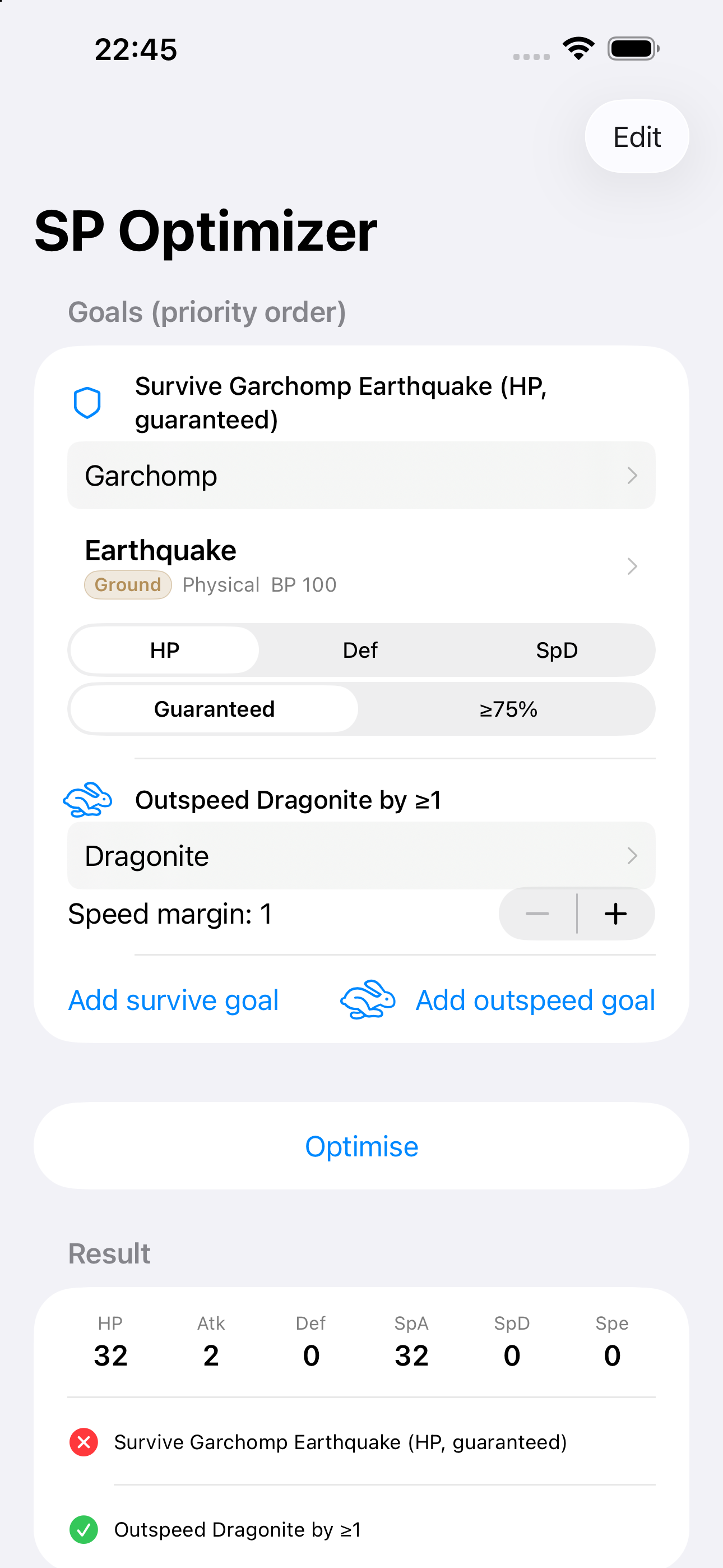 DoublesLab SP optimizer screen